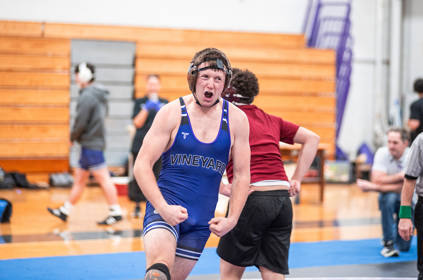 Zeb Athearn is pumped after his first period pin in match against Falmouth Masphee. 