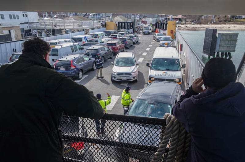 Freight boat Sankaty fills up quickly with cars.