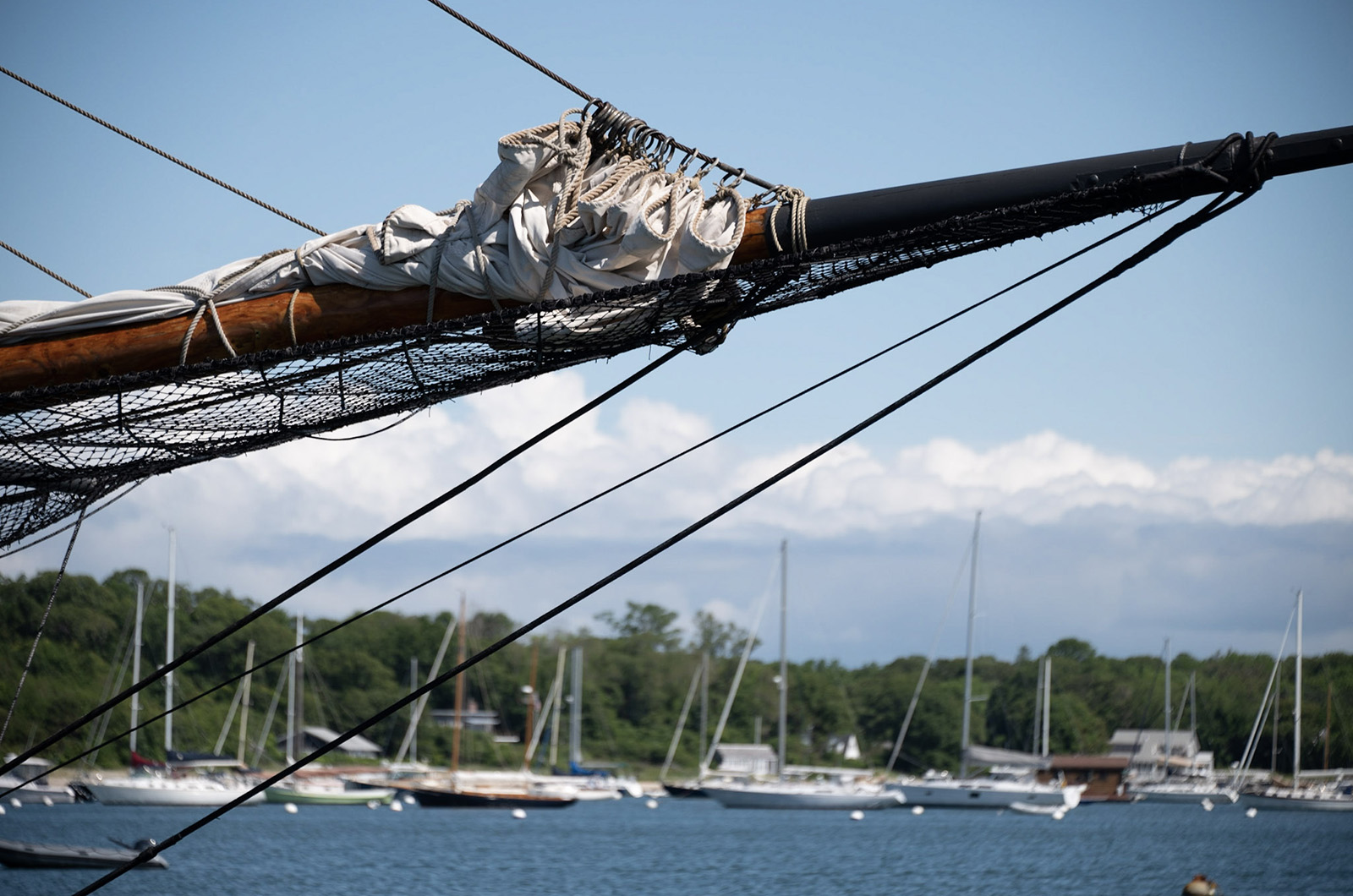 The Amistad's bowsprit with the rest of Vineyard Haven Harbor behind.