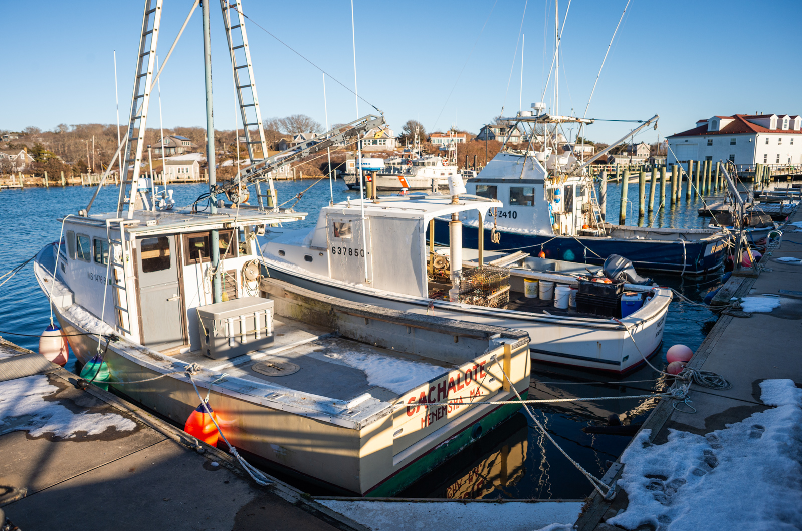 Fishing vessels docked in Menemsha harbor.
