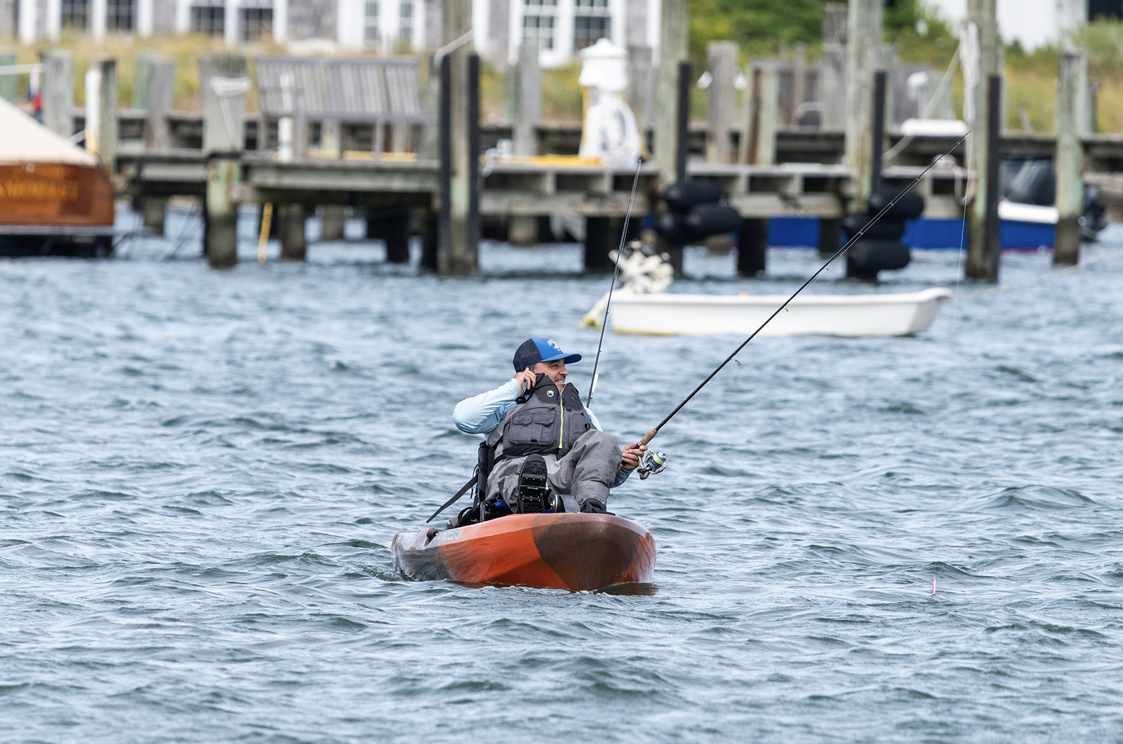 Kayak fishing in Edgartown harbor.