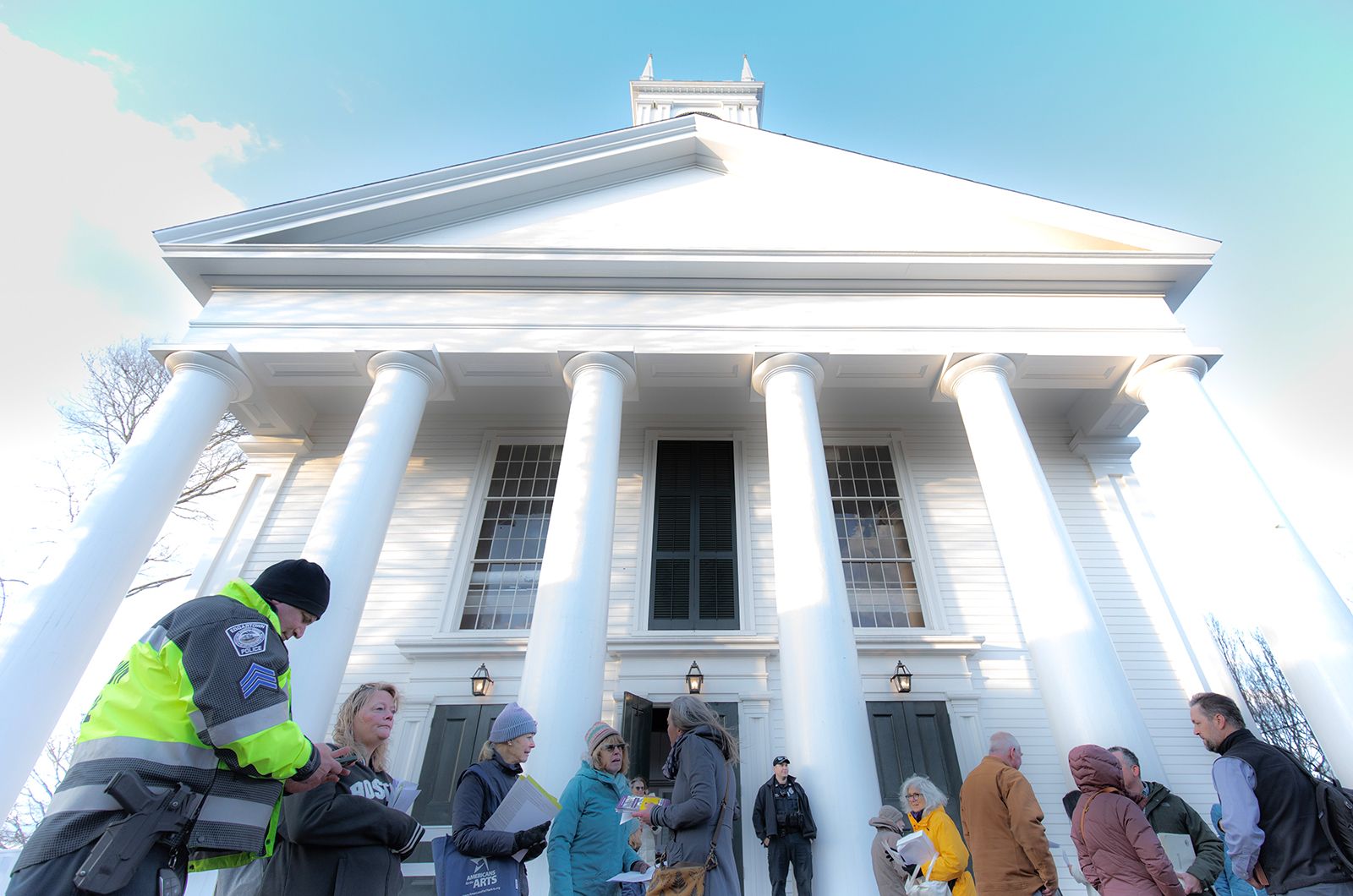 Edgartown voters congregate outside The Old Whaling Church on Main Street.