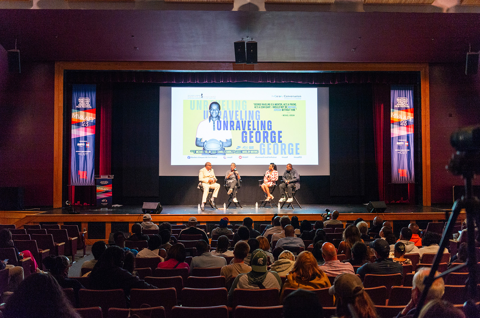 [l-r] William Rhoden, Michael Jay Tollin, Sharrie Williams, and Larry Miller discuss Unraveling George.