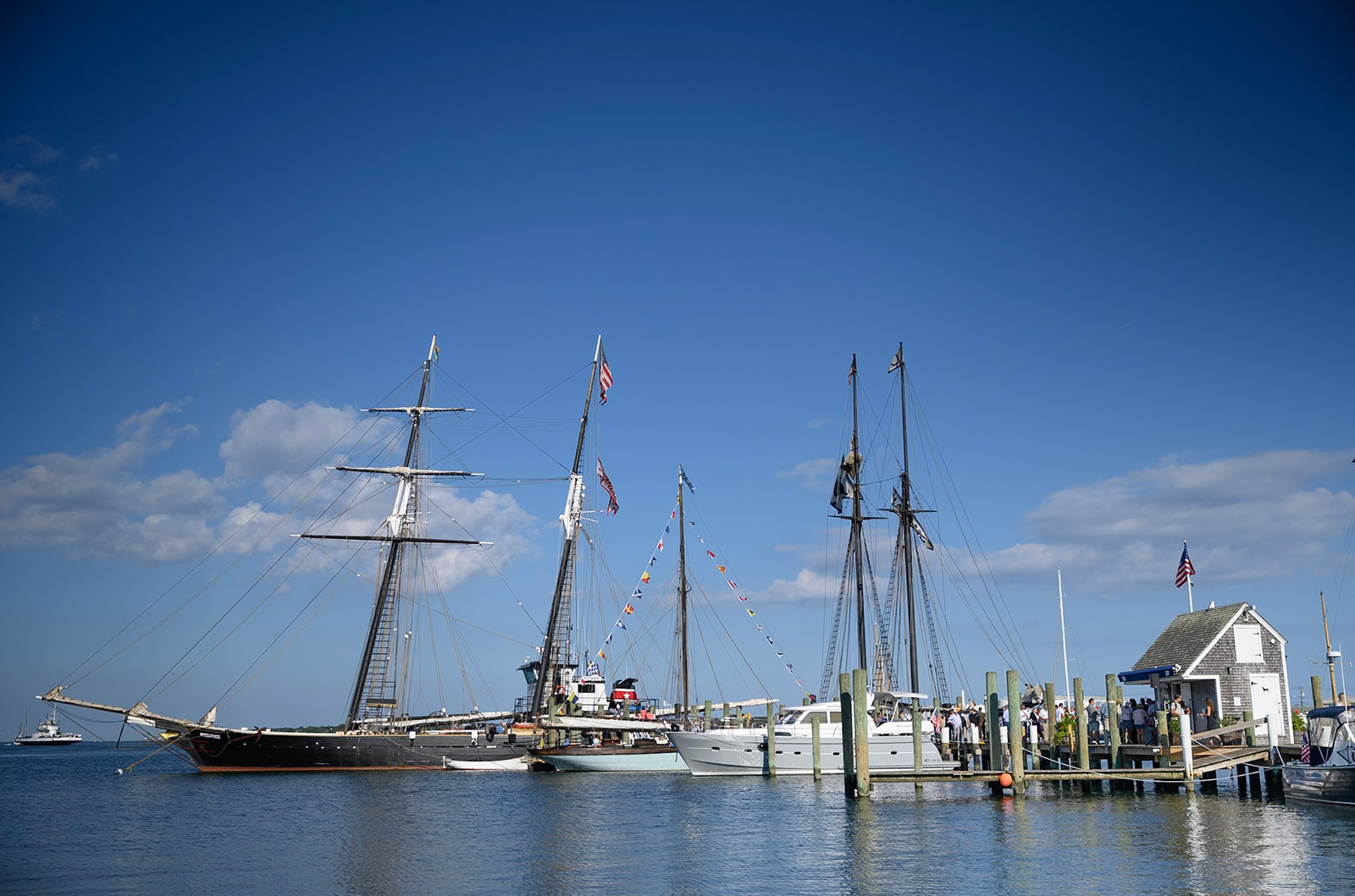 Local tall ships assemble at the dock.