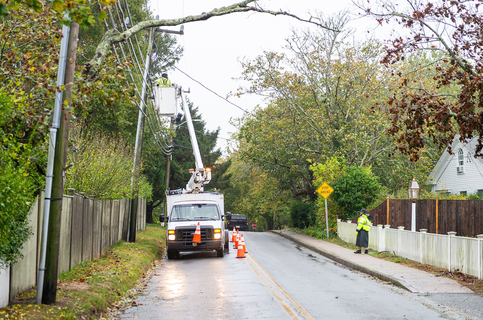 Power line work on Peases Point way in Edgartown.