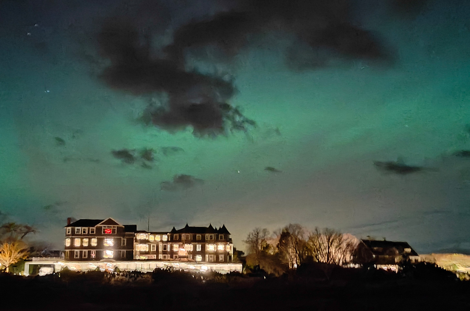 Lingering color over the Harborview hotel.