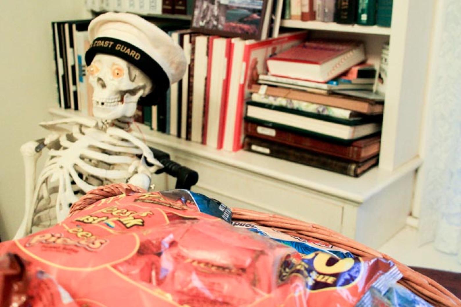 Halloween preparations skeleton sailor hat