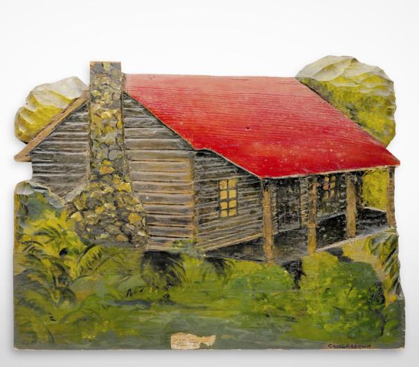 log cabin red roof stone chimney