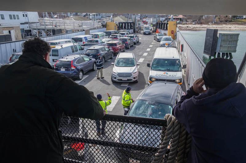 Freight boat Sankaty fills up quickly with cars.