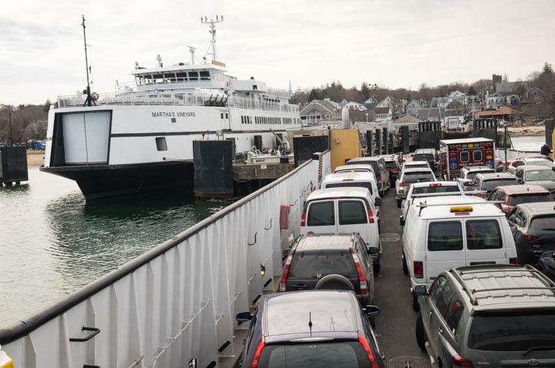 Freight boat Sankaty departs Vineyard Haven.