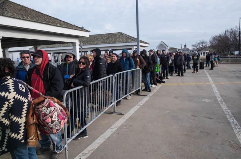 A long line of passengers await departure from Vineyard Haven.