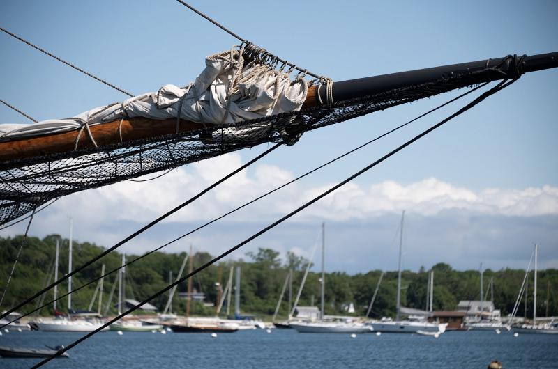 The Amistad's bowsprit with the rest of Vineyard Haven Harbor behind.