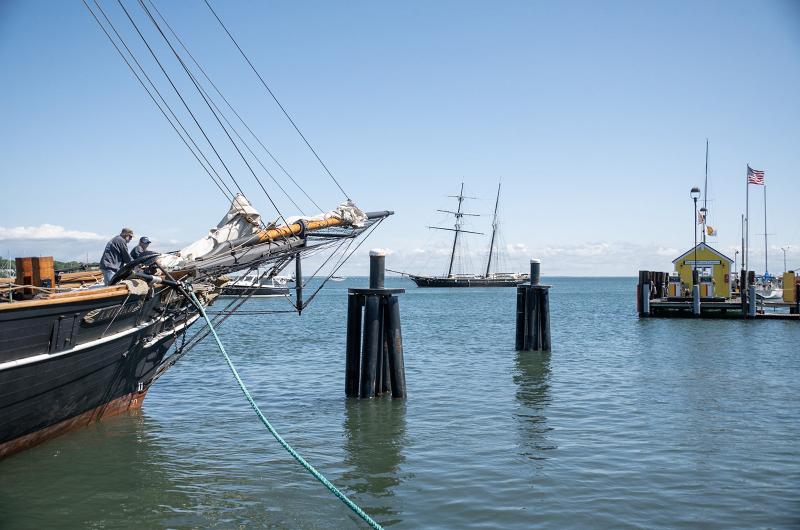 The bow of The Amistad with fellow historic tall ship "Shenandoah" in the background.