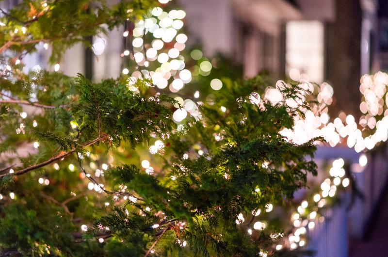 The lights at Martha's Vineyard Bank illuminate a whole section of Main street.