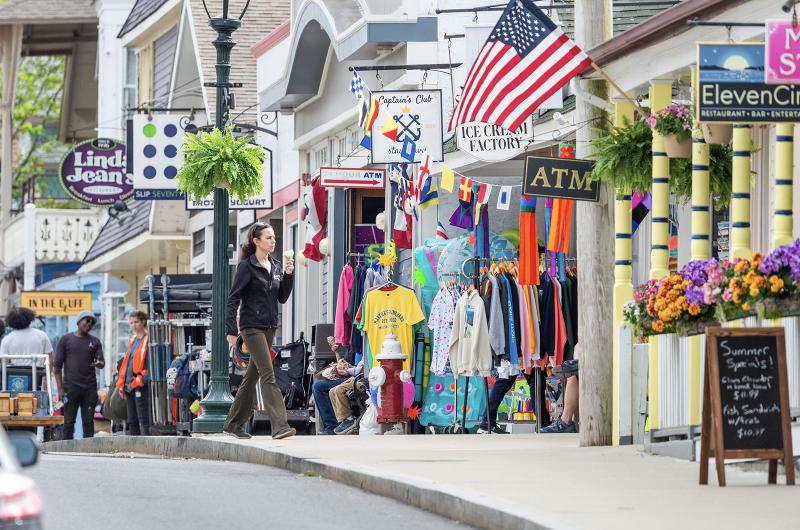 Shops in Oak Bluffs have their wares on display.