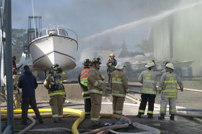 Fire Maciel Marine boat shed firemen