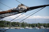 The Amistad's bowsprit with the rest of Vineyard Haven Harbor behind.