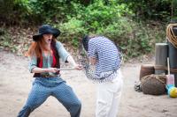 [l-r] Augie Padua (Sir Toby Belch), Jo Orr (Sebastian) fight it out.