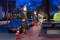 Main street is lined with trees and wrapped lamp posts.