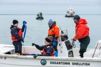 Rob Morrison (right) of the Edgartown Shellfish Department transports IFAW team members to other various vessels.