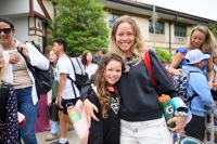 Sadie Ryerson and mom Erin outside Oak Bluffs school.